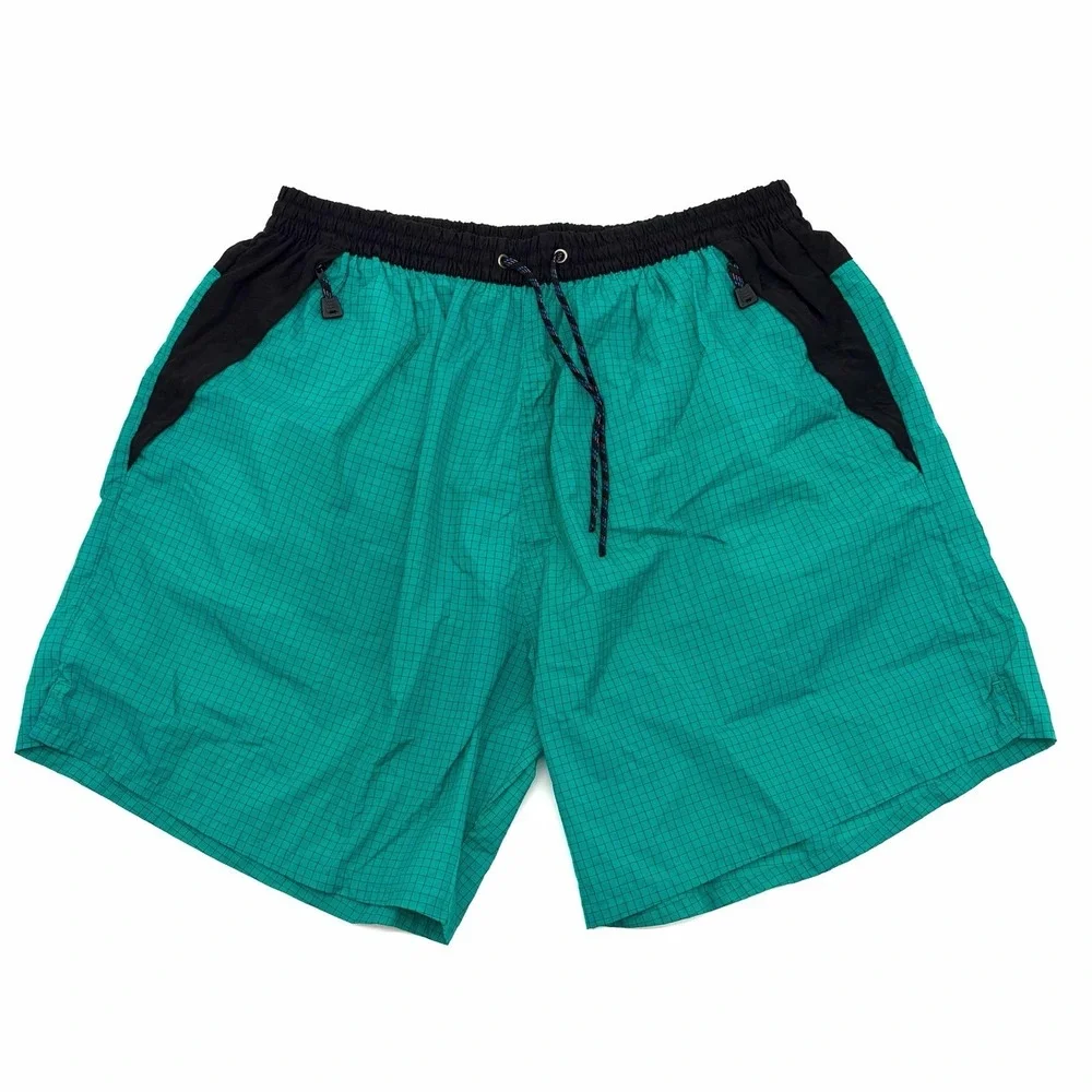 Catalina Mens size 2XL Teal/Black Plaid NYLON Swim Trunks Shorts Zip Pockets
